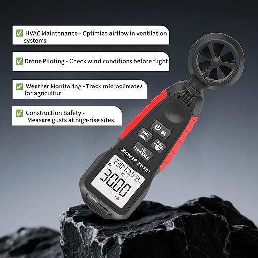 ZOYI ZT-FS1 Digital Anemometer, 3-in-1 Handheld Wind Speed Meter for Air Velocity, Wind Temperature & Air Flow (CFM/CMM), for HVAC, Drone, Fan, Ventilation Tester
