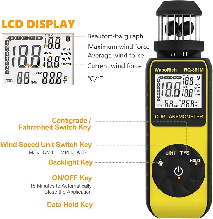 Handheld Anemometer Update Wind Meter with 360° Rotation Any Wind Direction for Measuring Wind Speed, Temperature with LCD Backlight for Shooting, Drone Flying- RQ-881M