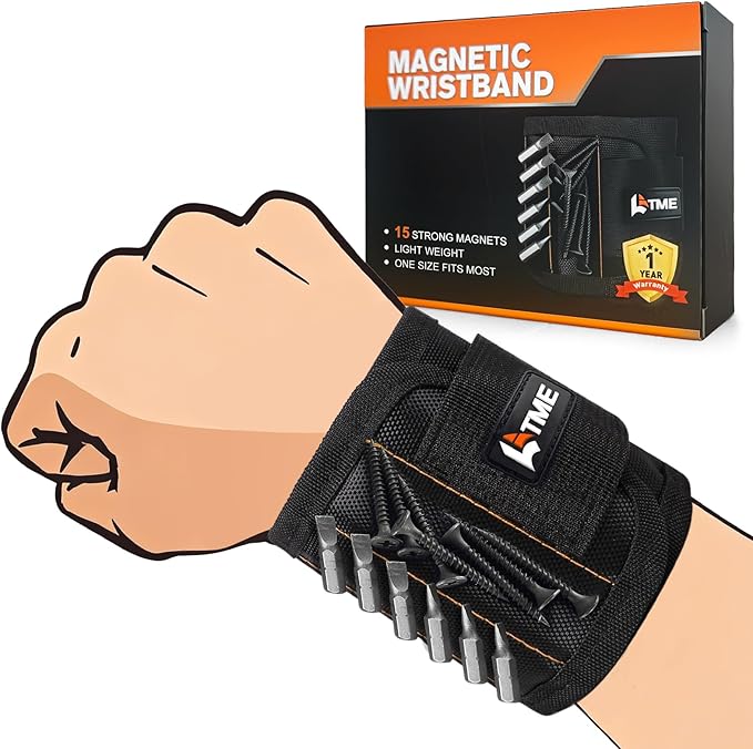 LATME Magnetic Wristband with 15 Strong Magnets for Holding Screws Nails Drill Bits-Best Armband Tool for DIY Handyman Unique Gifts for Men (Black)