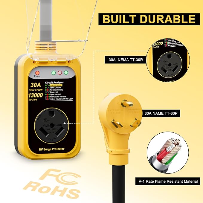 RV Surge Protector 30 Amp, 13000 Joules RV Circuit Analyzer with Waterproof Cover,RV Adapter Plug for Camper Travel Trailerss (30AMP-Yellow)