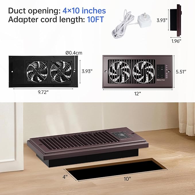 Register Booster Fan,10-Speed Smart Heating Cooling AC Vent Fan for 4" x 10" vent booster,Register Vent with Thermostat,for Room,Home(Brown)
