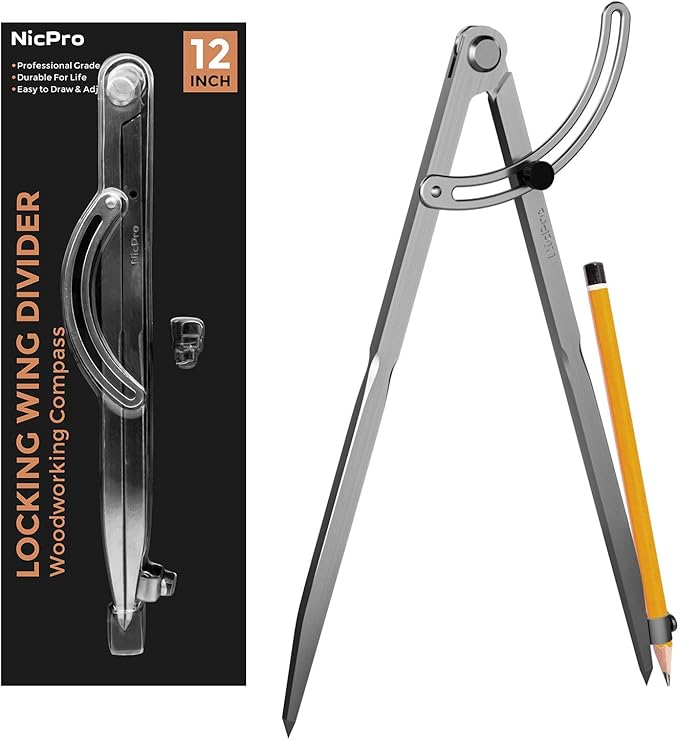 Nicpro 12 Inch Compass for Woodworking with Wing and Pencil Holder, Professional Carpenter Pencil Compass Great for Geometry, Drawing, Drafting