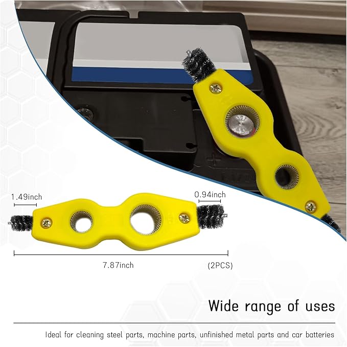 2 PCS Car Battery Terminal Cleaning Brush, 4 in 1 Anti-Rust Auto Battery Cleaner with Steel Wire, Universal Vehicle Battery Terminals Machine Parts Cleaning Tool Accessories (Yellow)