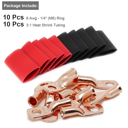 TKDMR 10pcs 8 AWG-1/4 Battery Lugs,Heavy Duty Wire Lugs,Ring Terminals,Battery Cable Ends,0 Guage terminals,Battery Terminal Connectors with 10pcs 3:1 Heat Shrink Tubing