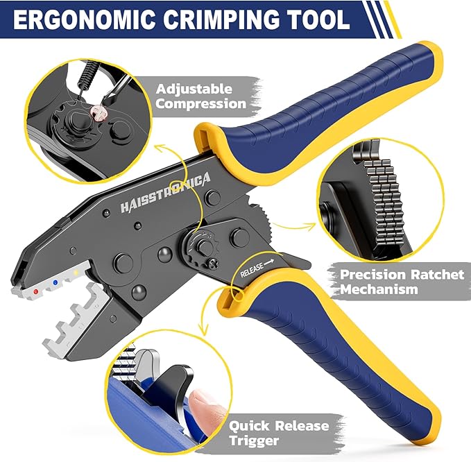 haisstronica 6 in 1 Crimping Tool Kit, Professional Ratchet Wire Crimper with 6 PCS Interchangeable Dies for Heat Shrink, Non-Insulated,Ferrule,Open Barrel,Insulated Connectors, Men Tool Gifts