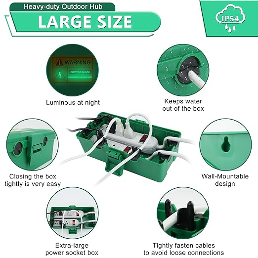 NineLeaf Outdoor Electrical Box,IP54 Waterproof Extension Cord Cover Weatherproof, Protect Outlet, Plug, Socket, Timer, Power Strip, Holiday Light Decoration,10.3x5.9x3.7inch,Green