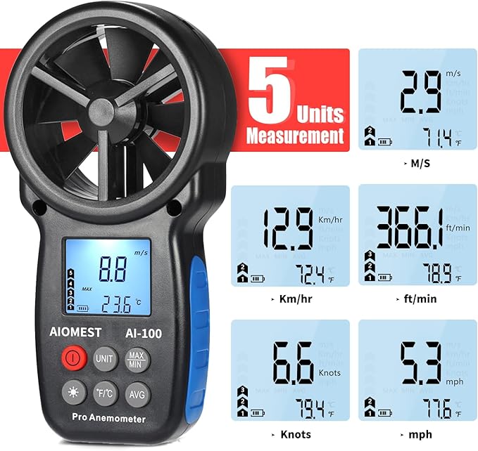 AIOMEST Digital Anemometer, Handheld Wind Speed Meter AI-100, Airflow Gauge Measures Air Temperature ℃/℉ Velocity for HVAC with Wind Chill Backlight