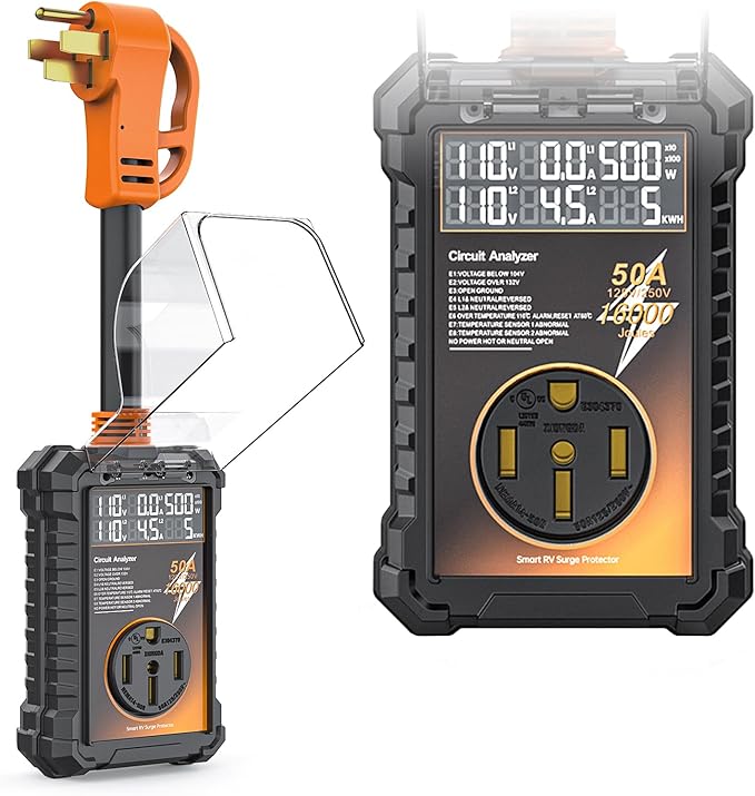 RV Surge Protector 50 Amp, 16000 Joules Surge Guard Protection with Waterproof Cover, Automatic Over/Under Voltage & Temperature Shutoff, 6 in 1 LED Display for Travel Trailers