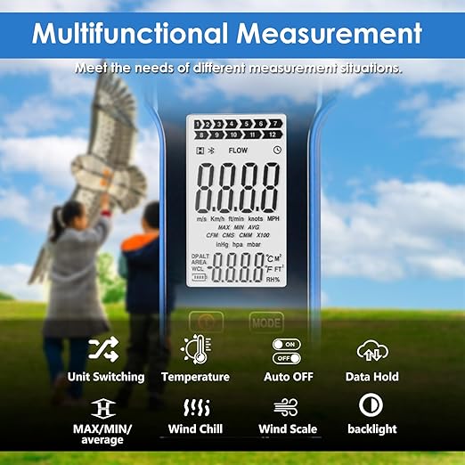 HoldPeak CFM Meter HVAC Anemometer with 270º Rotatable Detector, Handheld Wind Speed Meter Gauge with Touch Button, Waterproof Rechargeable Air Flow Velocity Measuring Device for HVAC Outdoor Sailing