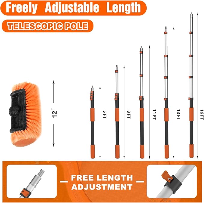 16FT Car Wash Brush with Long Handle, Car Cleaning Brush Kit with Soft Bristle Brush, Window Squeegee, Microfiber Mop, Wheel Brush, Mitt for Cleaning Truck, RV, Boat, Solar Panels
