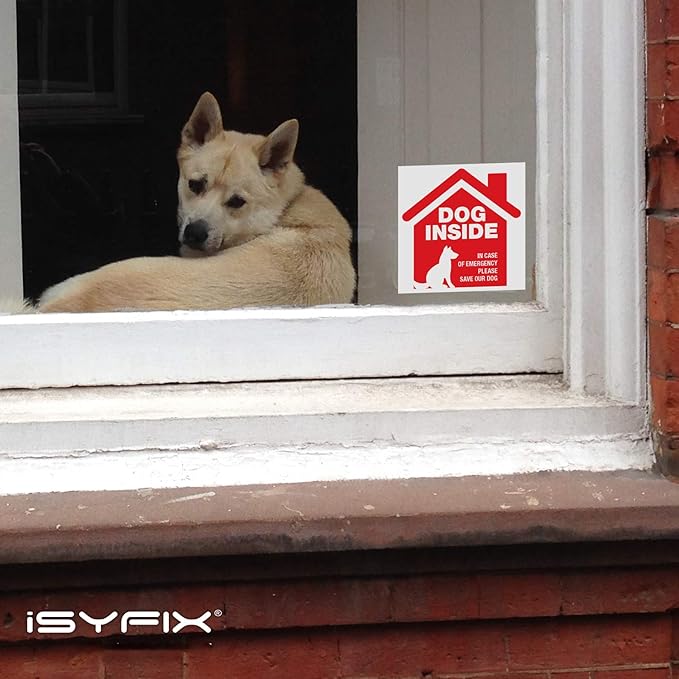 iSYFIX Dog Inside Alert Signs Stickers - 4 Pack 5x5 Inch - Premium Self-Adhesive Vinyl, Laminated for Ultimate UV, Weather, Scratch, Water and Fade Resistance, Indoor and Outdoor red