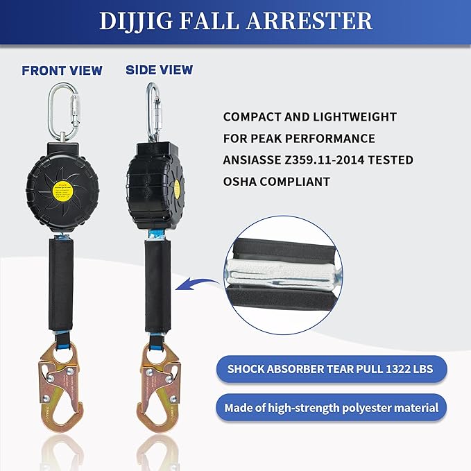 6 ft.Fall Protection Automatic Return Rope、Polyester Webbing, Swivel top, Steel Carabinerself retracting Lifeline Fall Protection Lanyard para construcción yoyo de seguridad auto Belay Device