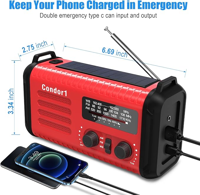 AM FM NOAA Portable Emergency Radio，USB-C/Solar/Hand Crank Charging, Strong Reception & Sound, Large Dial Easy to Use,Alert, Flashlight, Reading Lamp, Cell Phone Charger and SOS Siren