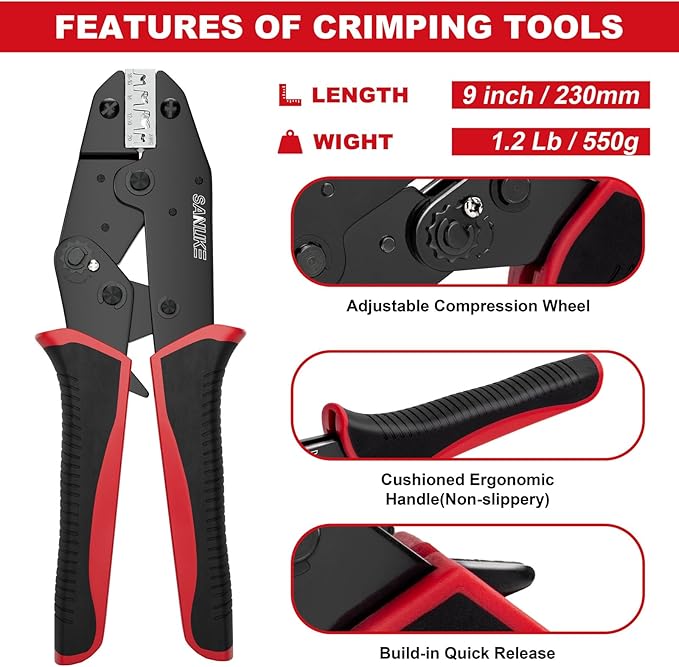 Sanuke Ratchet Crimping Tool for Non-Insulated Open Barrel Terminals & Receptacles, AWG 22-10 Ratcheting Wire Crimper, Electrical Terminal Crimp Pliers