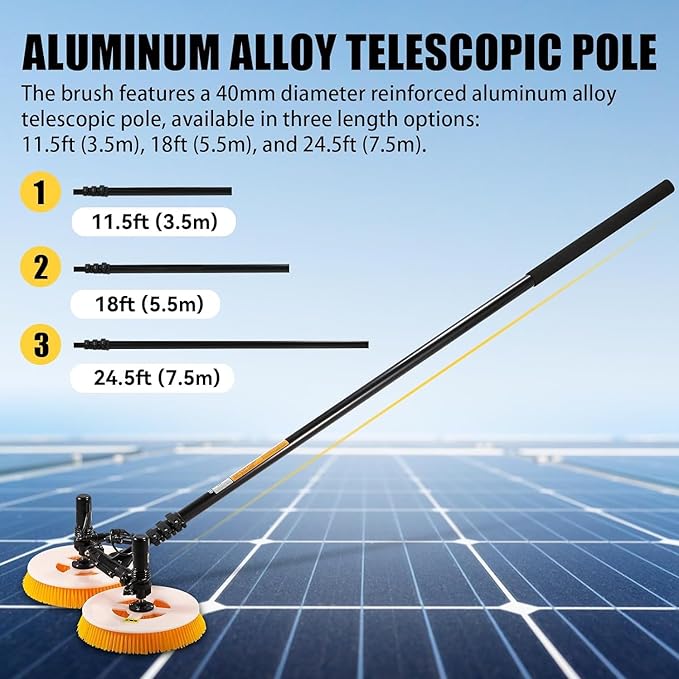 Electric Photovoltaic Panel Cleaning Machine Solar Panel Water Spray Cleaner Brush Handheld Power Photovoltiax Cleaning Rotating Brush Telescopic Pole 11.48-24.61ft Length,7.5m-MainsElectricity