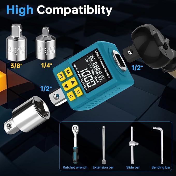 Upgrade 1/2" Digital Torque Adapter, (±1% Accuracy, 5-100Ft-lb), Precision Digital Torque Wrench Adapter with Color Display, Smart Alert, 1/4", 3/8" Converters for Auto, DIY & Home Repairs(135N.m)