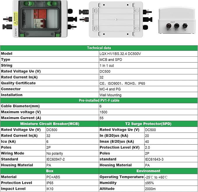 Solar Disconnect Switch 32 Amp DC 500V Circuit Breaker with Lightning Surge Protector Arrester and IP65 Breaker Box Plug-and-Play for Outdoor Solar Panel System