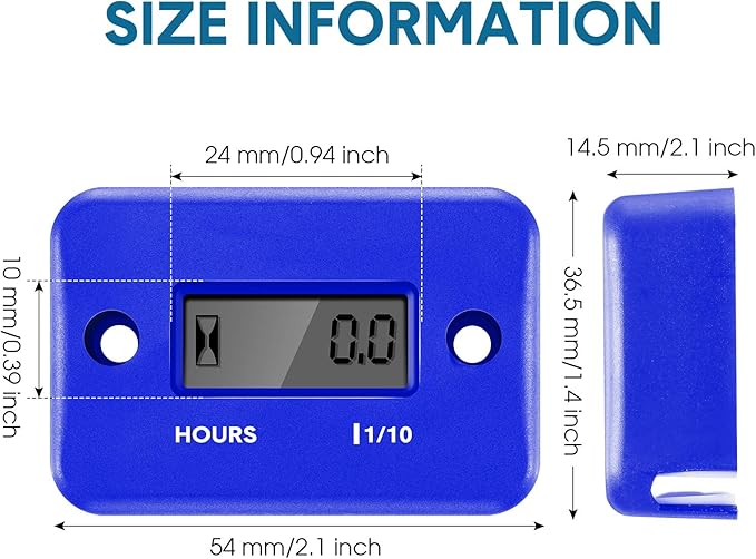 2 Pieces Inductive Hour Meter for Gas Engine Lawn Mower Dirt Bike Motorcycle Motocross Snowmobile Karting Marine ATV Boat Outboard Motor Generator Waterproof Hour Meters (Blue)