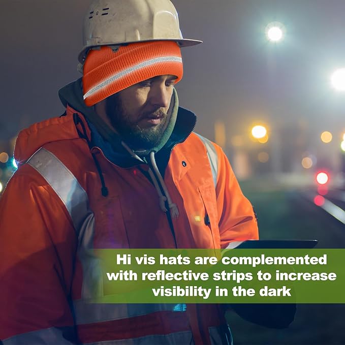 Suhine 4 Pack Men Hi Vis Winter Safety Hats Fleece Lined High Visibility Beanies with Reflective Stripes Hats for Outdoor