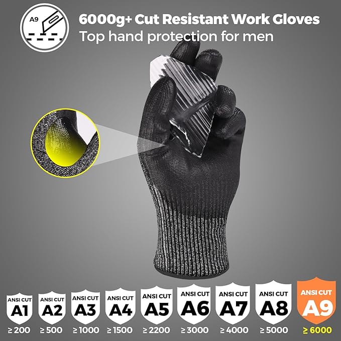 Donfri A9 Cut Resistant Work Gloves for Men, Safety Gloves for Men Touchscreen with Reinforced Thumb for Metal Glass Wood