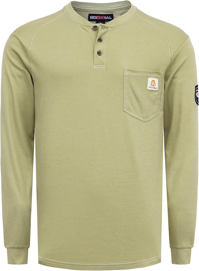 BOCOMAL Men's FR Henley Shirt Flame Resistant 5.5oz Cotton Long Sleeve Workwear UL NFPA2112 CAT2 Welding Tee