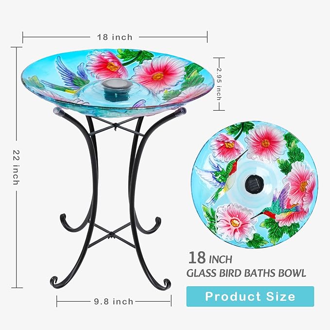 VCUTEKA Solar Birdbath Glass Bird Bath Outdoor with Metal Stand for Lawn Yard Garden Decor, Hummingbird