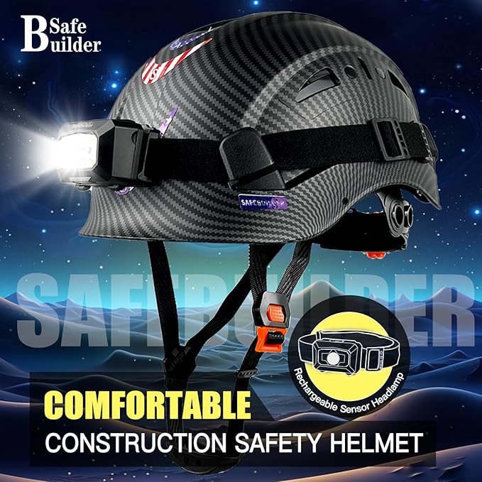 Construction Safety Helmet with Headlight Hard Hat Headlamp Adjustable Ventilation Hardhats Work Head Protection Certified ANSI/ISEA Z89.1