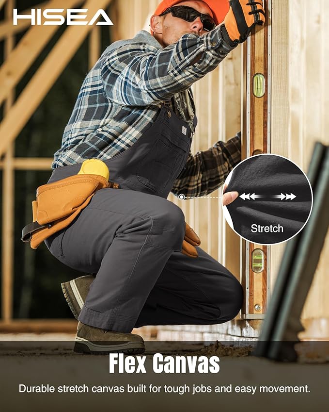 HISEA Flex Canvas Overalls for Men, Bib Work Double Knee Stretch Overall, Relaxed Fit Lightweight Workwear with Pockets