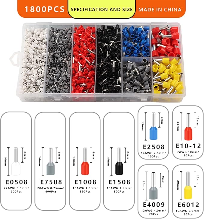 AWG 23-7 Ferrule Crimping Tool Kit with 1800PCS Connectors, Self-Adjustable Ratchet Crimper Pliers for Wire Ferrule End & Ring Terminals, Electrical & Automotive Crimping Tool