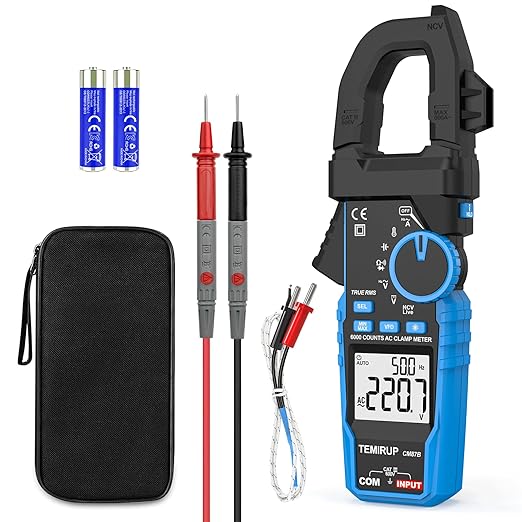 Digital Clamp Meter Multimeter - TEMIRUP Auto-ranging 6000 Counts Amp Voltage Tester with D-Shaped Jaw VFD Mode, Measuring NCV, AC/DC Voltage AC Current Temperature Capacitance Resistance Continuity