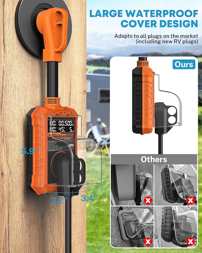 Kohree RV Surge Protector 50 Amp, RV Power Surge Voltage Protection, RV Adapter Plug with Real-Time Circuit Analyzer Smart Auto Shut Off LED Large Screen for Travel Trailers Camper, 50A 16000J-Orange