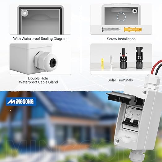 Solar Panels Disconnect Switch 25Amp DC Solar Shut Off Switch 1000V 2 Poles Outdoor Small Miniature Circuit Breaker Box, IP65 Waterproof UV-Proof for PV Homes