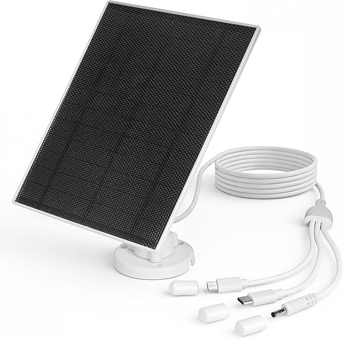 LIYVZ 5W Solar Panel for Security Camera 5V with Battery 8000mAh, 3-in-1 DC 3.5 * 1.35mm & Micro USB & USB C Solar Panel, High Efficiency ETFE Film, IP65 Waterproof, 10 Feet Cable