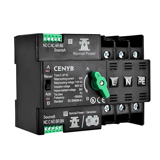 Automatic/Manual Transfer Switch for Home Generator 3P 63A AC110V Uninterrupted Power Supply DIN Rail Mount Toggle Changeover Module