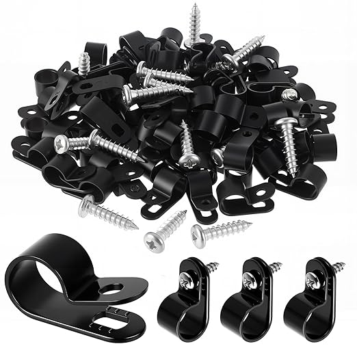 100 Pcs 1/2 Inch Rope Light Clips P-Style Cable Clips Black Mounting Plastic Cable Plastic Clamps Compatible with Stainless Steel Screw for Wire Cord Management Reinforced & Thickened Design