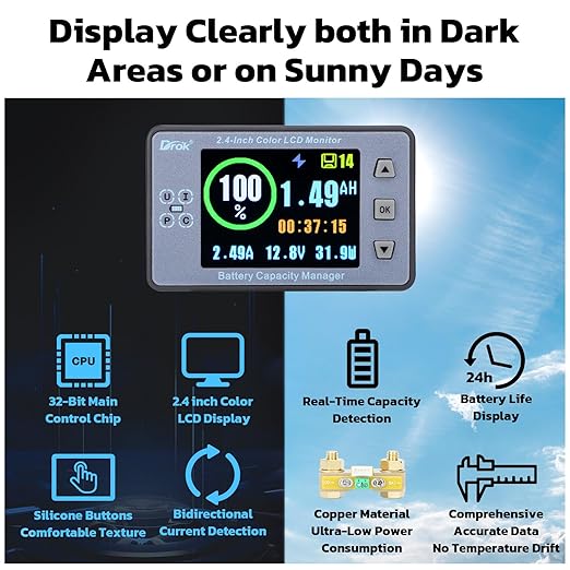 DROK Battery Monitor, DC 8-100V 300A Charge Discharge Split Type Coulometer 12V 24V 36V 48V 60V Coulometer Watt Meter, Capacity Percentage Time Power Voltmeter Ampmeter for RV Solar Panel Golf Cart