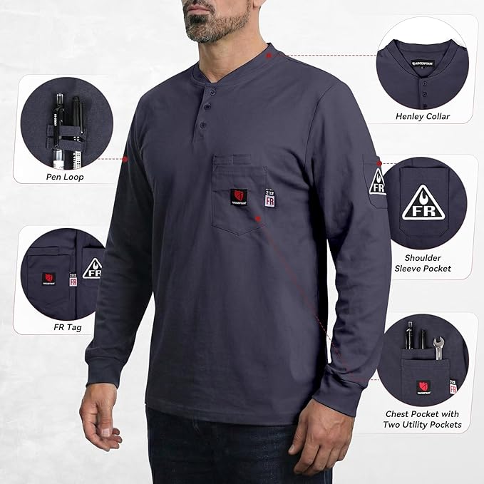 ARCCAPTAIN FR Shirts for Men 8oz 100% Cotton Fire Resistant Henley Shirt CAT2 NFPA2112 Welding Work Long Sleeve Clothing