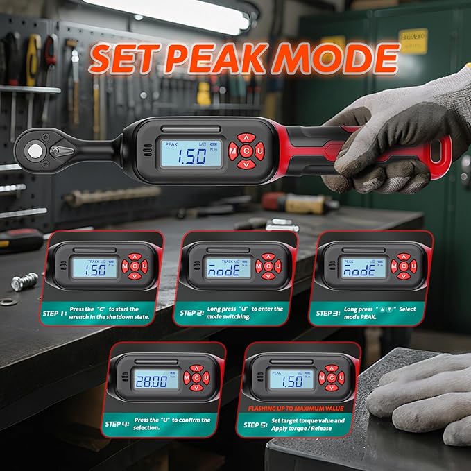1/4" Digital Torque Wrench, 0.7-15 Ft.lb/1-20 N.m, ±2% Accuracy, LED Display, USB Data Storage, 4 Units, Two modes, Triple Alert, Precision Torque Tool, Red