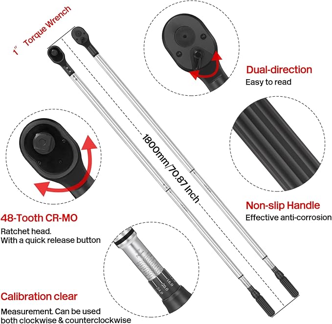1-Inch Drive Click Torque Wrench (200-1000ft.lb / 271-1356.7Nm) Dual-Direction Adjustable Torque Wrench Set