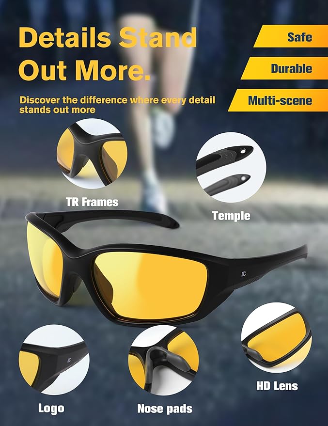 BIRCEN Night Vision Glasses for Driving: Running Cycling Sport Night Anti Glare Yellow Glasses for Men Women