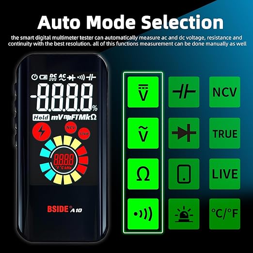 BSIDE Rechargeable Digital Multimeter Color LCD 3 Results Display 6000 Counts Auto-Ranging Pocket Voltmeter Cap Duty Cycle Live Check Voltage Tester