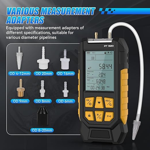 Manometer, Dual-Port HVAC Manometer with 7 Adapters, 10 Units Switch, Data Locking & Storage, Backlit Display Screen Gas Pressure Tester, -100 to 200Kpa, PT520