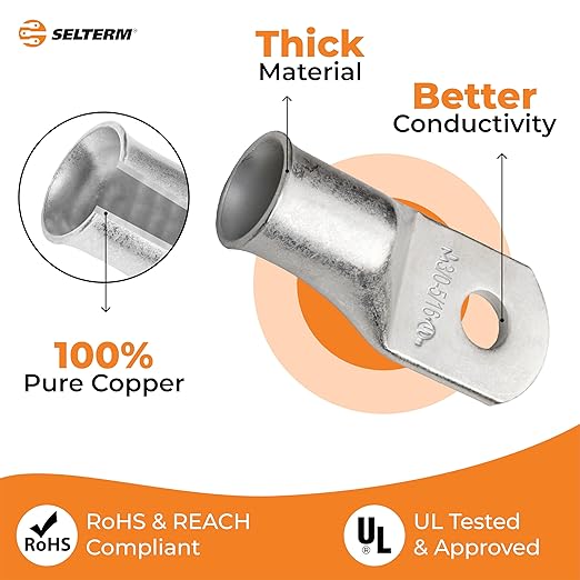 SELTERM 25pcs 3/0 AWG 5/16" Stud Marine Grade Tinned Copper Battery Cable Lugs, 000 Gauge Ring Terminals, UL Wire Lugs Electrical Battery Cable Ends, Tinned Copper Lugs Battery Terminal Connectors