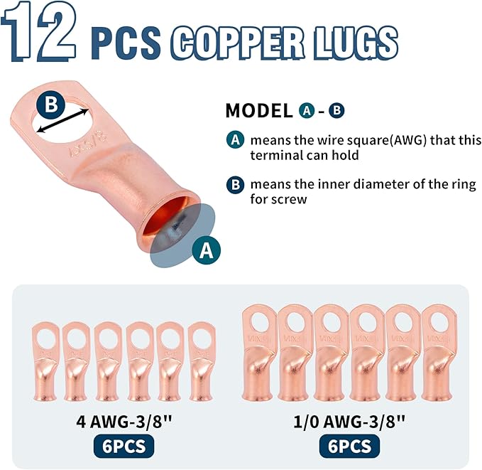 Battery Cable Lug Crimping Tool for AWG 8, 6, 4, 2, 1, 1/0 Gauge Electrical Lug, with 1/0 AWG-3/8” and 4 AWG-3/8” Copper Wire Lugs, 12PCS 3:1 Heat Shrink Tubing
