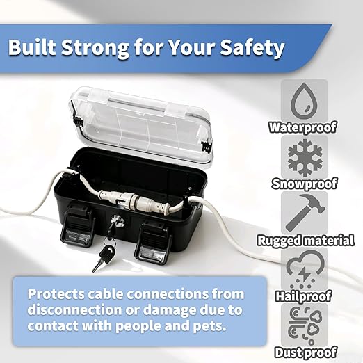 Small Outdoor Electrical Box (Inner 6.7x4x2.5),IP54 Waterproof Extension Cord Cover w/2 Cable Entry Ports,Weatherproof Connection Box for Power Strip,Timer,Plug, Holiday Lights, Black(1pack)