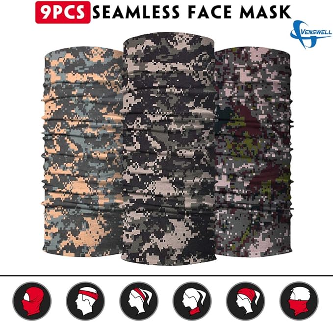 Venswell Neck Gaiter Face Mask Men Women,Seamless Bandana Rave Face Cover Scarf Mask,Balaclava,Headband, Head Wrap,Headwear
