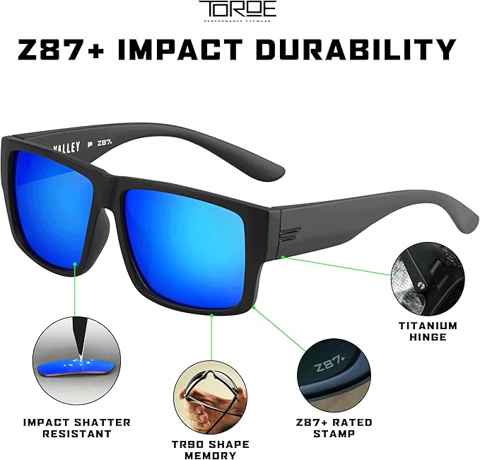 TOROE Z87+ Polarized Safety Sunglasses Matte Black TR90 Frame, ANSI Rated Lens