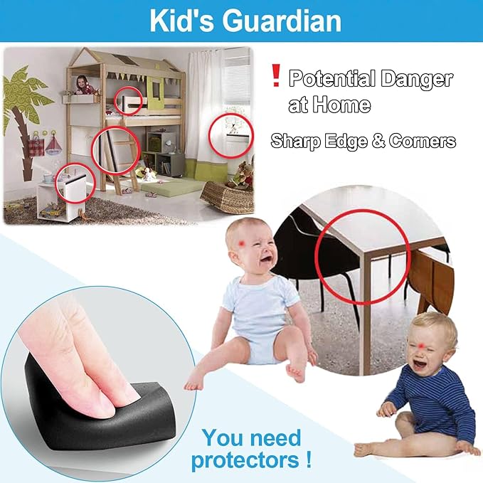 8 Pack Large Table Corner Protector for Kids, Baby Proofing Soft Rubber Foam Cushion Corner Covers, Heavy-Duty Corner Bumper Guards for Furniture Stair Cabinet Fireplace - Pre-Taped, Black