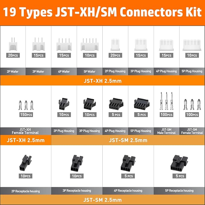 PEBA Crimping Tool and JST Connector Kit - 19 Types of 2.5 mm JST-XH Connectors & Crimp Pins, 2.5 mm JST-SM Housings and Contacts, for DIY Electronics - Suitable for AWG 32-20 Wires