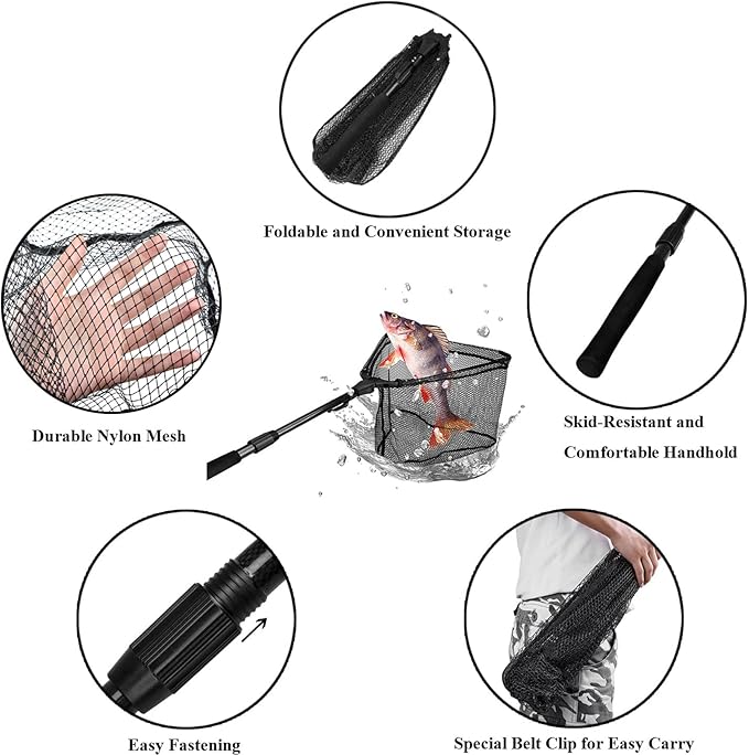 PLUSINNO Fishing Net Fish Floating Landing Net, Kayak Nets with Fixed Foldable Telescopic Pole Handle, Bass Trout Fishing Nets with Nylon Mesh for Pond Lake River, Fishing Gear Gifts for Men Anglers